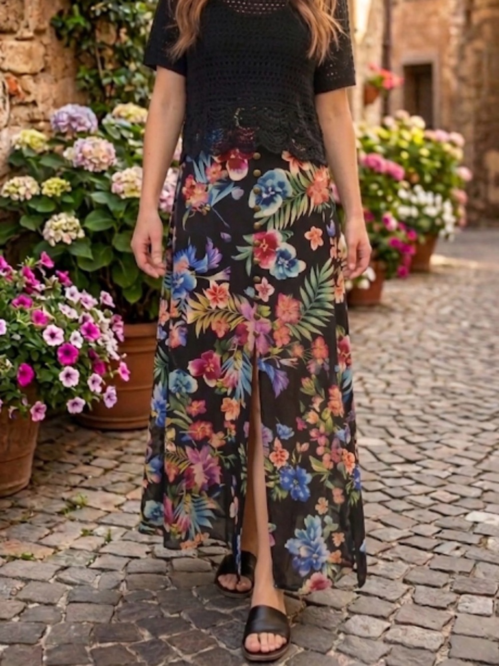 Johnny Was Black Floral Tiered Maxi Skirt with Multicolor Blooms